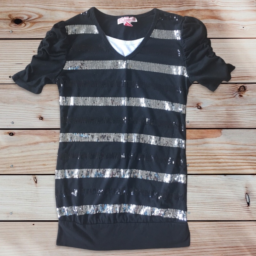 BEAUTEES Sequin Striped Rouched Sleeves Shirt